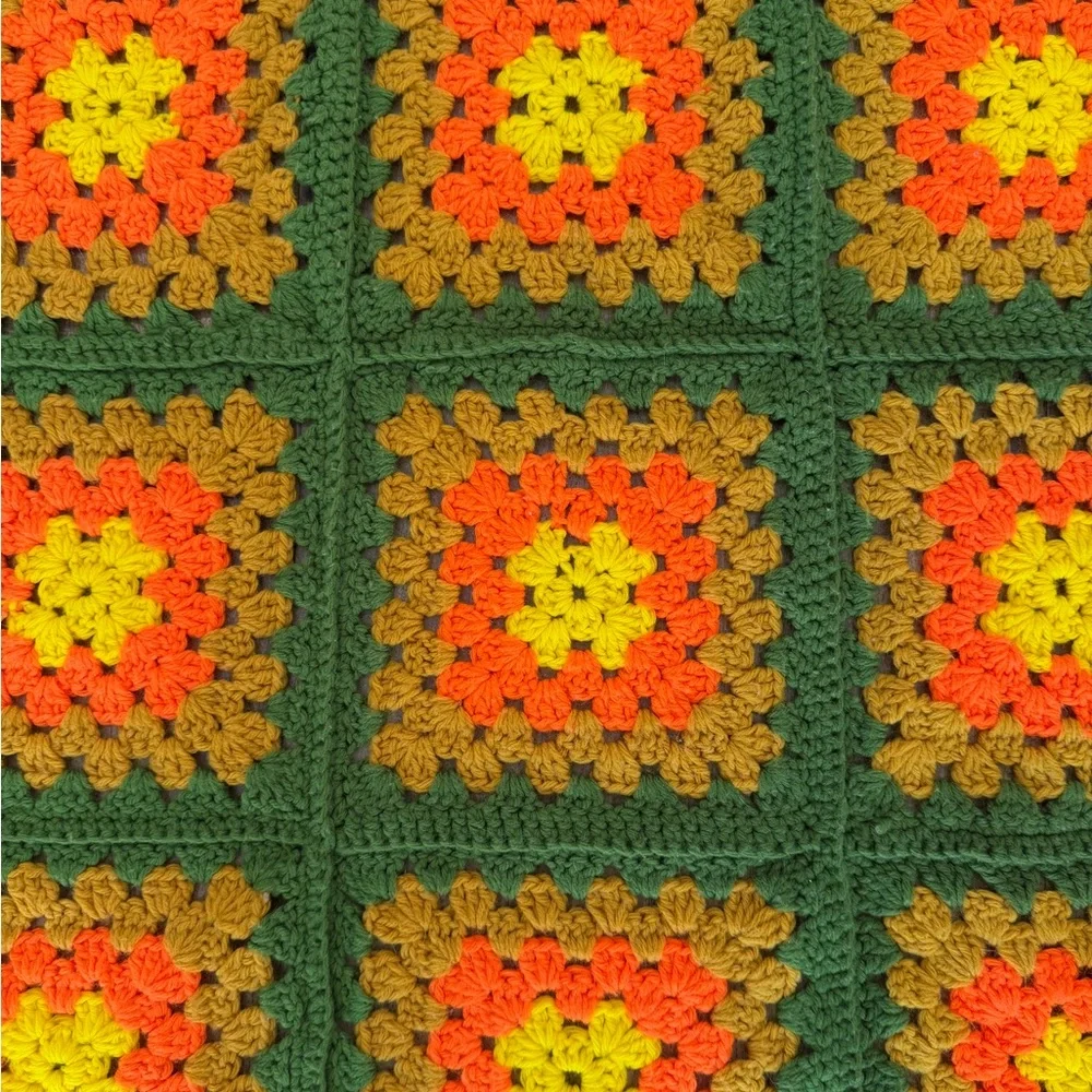 Vintage orange green 70s green square throw blanket, EUC, stunning colors,large